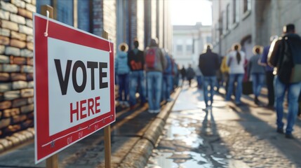 Vote Here sign with long line outside a busy polling station, USA Election Day, wide, copyspace