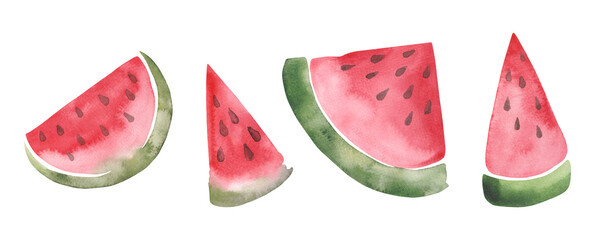 A piece of watermelon. Watercolor illustration of a set of red watermelon slices isolated on a white background. Summer fruit, berry. An element for a holiday, decoration, design. Juicy sweet dessert