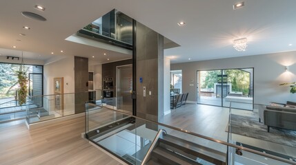 contemporary suburban home with an architectural focus on vertical living, featuring multiple levels connected by a sleek glass elevator