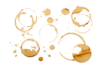 Coffee stains isolated on white background. Coffee prints.Round stain isolated, cafe stain fleck...