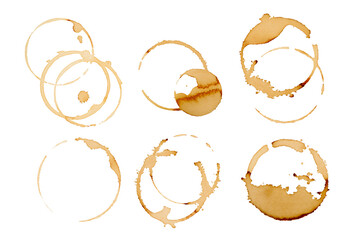 Coffee stains isolated on white background. Coffee prints.Round stain isolated, cafe stain fleck drink beverage. Coffee and Tea Stains cup rings. round trace of spilled coffee. Mockup. Copy space