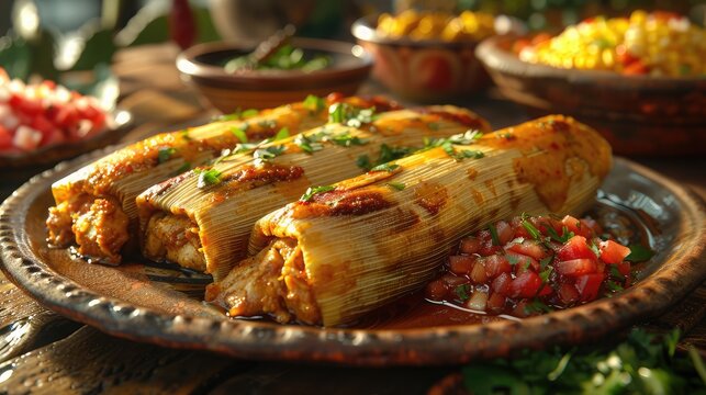 Unwrapped Tamales with Pork, Chicken, or Cheese - Traditional Plate with Salsa and Refried Beans