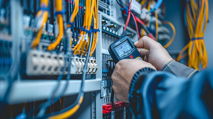 Electrical engineer or technician working in datacenter. Electrical panel with AC voltmeter checking electric current voltage at circuit breaker terminal.