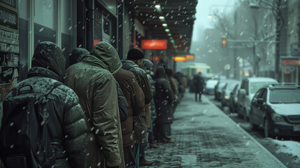 Obraz premium Men Waiting In Unemployment Line - Unemployed, Recession, Depression, Downturn, Slowdown, Contraction, Stagnation, Bust, Bad Economy