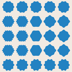 Sunburst sticker shapes. Rounded starburst zigzag badge, spiky oval, circle and star shaped price tag, discount and sale label stickers. Starburst icon.