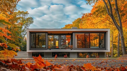 contemporary suburban home surrounded by autumn colors, its reflective windows mirroring the vibrant fall leaves