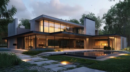 contemporary suburban house with an exterior composed of experimental materials like translucent concrete and ambient responsive glass