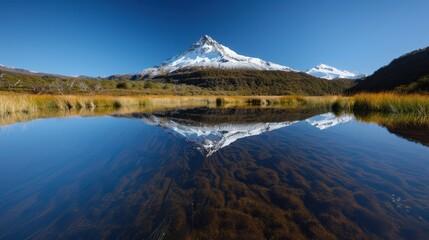 Fototapeta premium A breathtaking view of a snow-capped mountain peak reflecting perfectly in the serene, clear waters of a large body of water on a bright, sunny day.