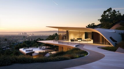 contemporary suburban house with a minimalist, angular design, perched on a hilltop with panoramic views of the city in the distance