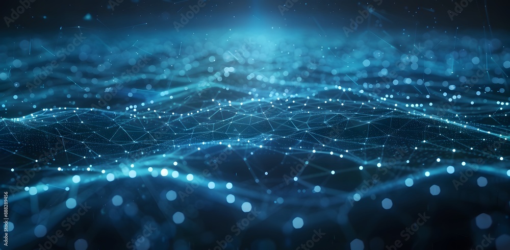 Poster an illustration of a world map advanced cyber security network, interconnected ai nodes, blue hues, 