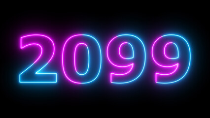 Neon text calendar 2099 Sal illustration, glowing neon icon blue and purple colors.	