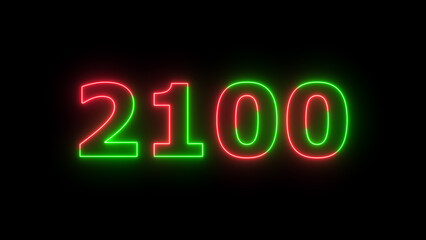Neon text calendar 2100 Sal illustration, glowing neon icon green and red colors.	