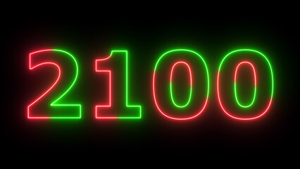 Neon text calendar 2100 Sal illustration, glowing neon icon green and red colors.	