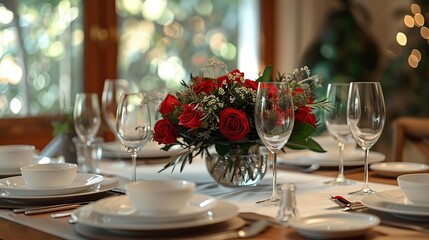 Elegant dining table setup with white dishes, wine glasses, and a vibrant red rose centerpiece in a cozy, well-lit room.