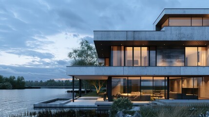 suburban contemporary home with a minimalist facade of smooth concrete and expansive windows overlooking a serene lake