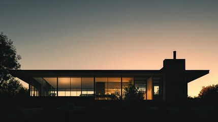 Suburban Modern home at dawn, its silhouette outlined against the early morning sky, highlighting the interplay of shadows and architectural forms