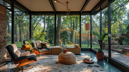 Fototapeta premium cozy Suburban Mid-Century Modern sunroom with wraparound glass walls, perfect for reading and relaxation