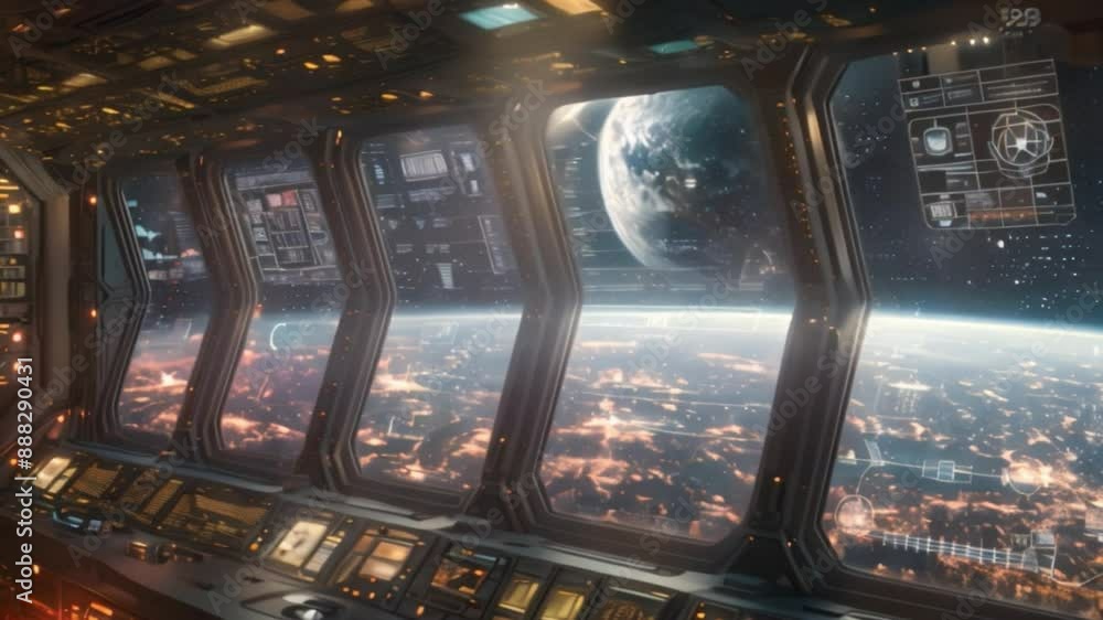 Poster a futuristic control center with multiple monitors displaying data and a window offering a stunning 