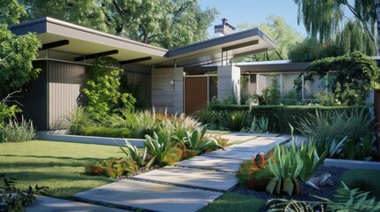 Obraz premium suburban mid-century modern home with a front yard designed as a native plant garden, emphasizing sustainability and natural beauty