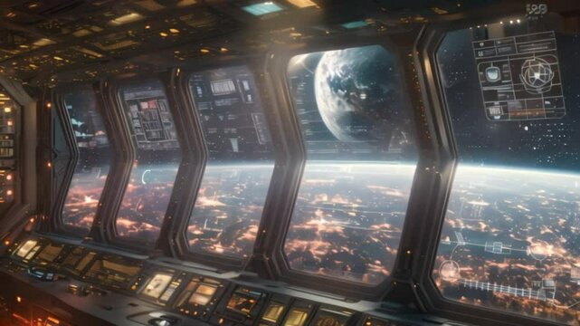 A futuristic control center with multiple monitors displaying data and a window offering a stunning view of Earth from space.