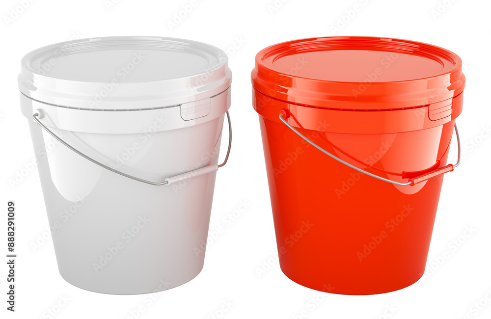 Poster red and white paint buckets. 3d rendering isolated on transparent background