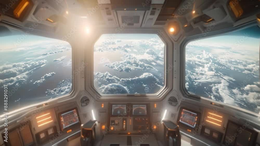 Poster an image of the interior of a futuristic spaceship, showcasing a large window with a view of earth f