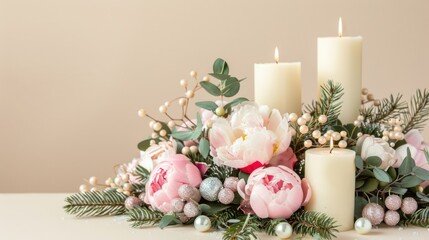 Romantic Christmas greeting background. Burning candles with decoration made of natural fir and pine cones and flowers on a pink background.