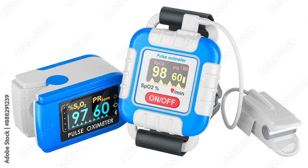 Poster wristband pulse oximeter and fingertip pulse oximeter. 3d rendering isolated on transparent backgrou