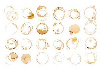 Coffee stains isolated on white background. Coffee prints.Round stain isolated, cafe stain fleck...