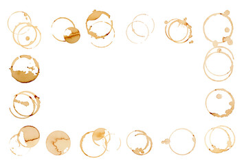 Coffee stains isolated on white background. Coffee prints.Round stain isolated, cafe stain fleck drink beverage. Coffee and Tea Stains cup rings. round trace of spilled coffee. Mockup. Copy space