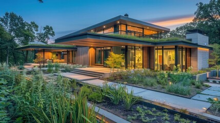 suburban modern home with a green living roof and native landscaping that enhances its eco-friendly design