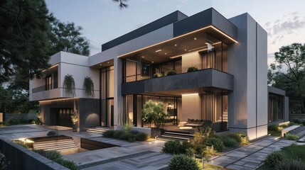 Fototapeta premium suburban modern home with a geometric facade, featuring a monochrome color scheme and dramatic landscape lighting