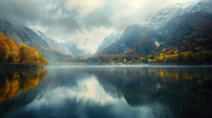 Obraz premium beautiful and atmospheric autumn landscape with mountains and a lake 