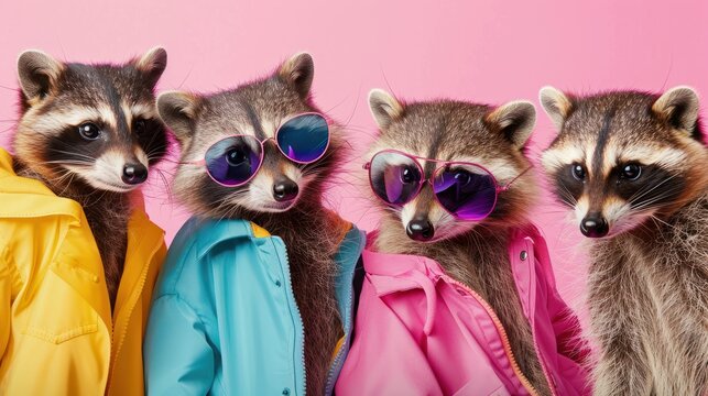 Creative animal concept. racoons in a group, vibrant bright fashionable outfits isolated on solid background advertisement, copy text space. birthday party invite invitation banner