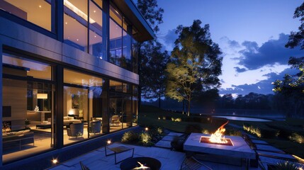 Obraz premium Night view of a Suburban Contemporary home with illuminated floor-to-ceiling windows and a modern fire pit outside