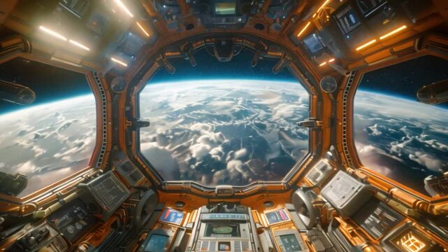 Inside a futuristic spacecraft control center with large window for a stunning Earth view from orbit, showcasing clouds and blue atmosphere.