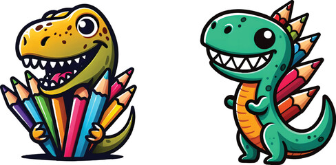 Obraz premium Little cartoon dinosaur monster vector holding color pencils isolated on white background