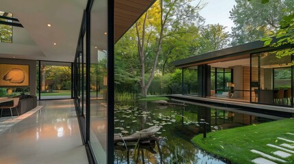 Fototapeta premium suburban modern home with floor-to-ceiling windows that open to a lush, green backyard featuring a naturalistic pond