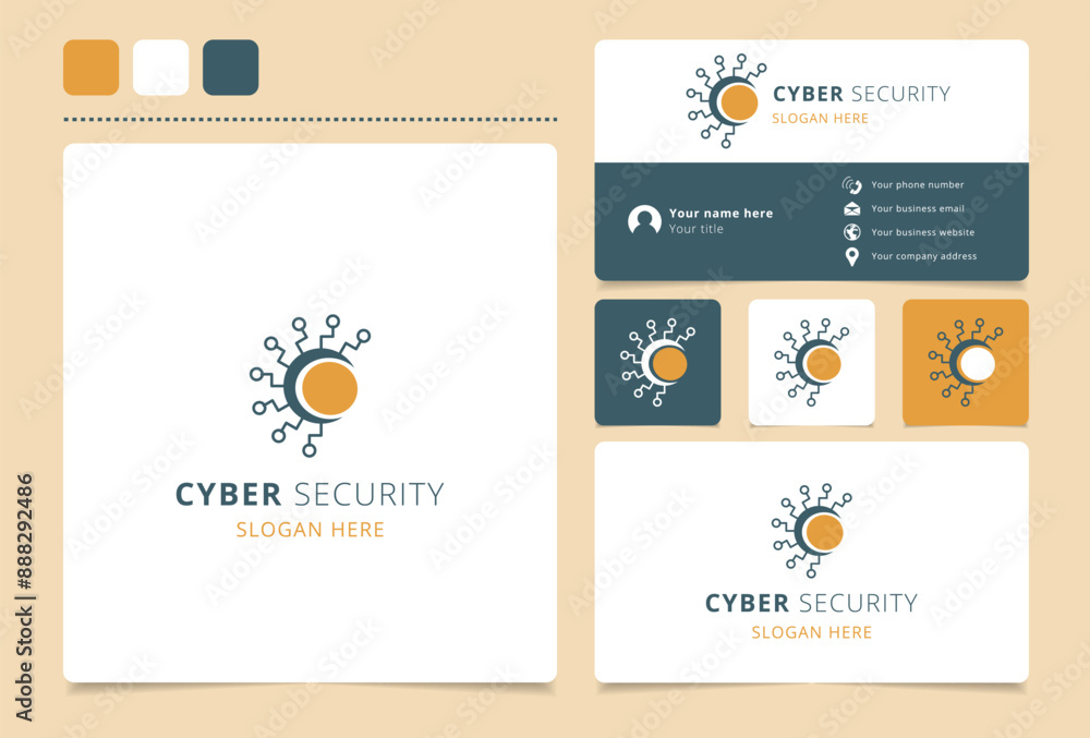 Poster cyber security logo concept featuring interconnected nodes protecting a central hub
