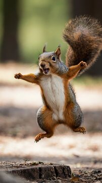 A funny squirrel dances in the forest. cute crazy squirrel funny jumping in dance.