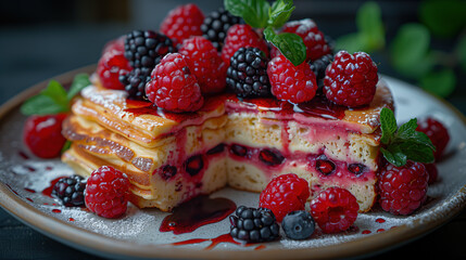 Close-up of a piece of berry pancakes, on a ceramic plate 