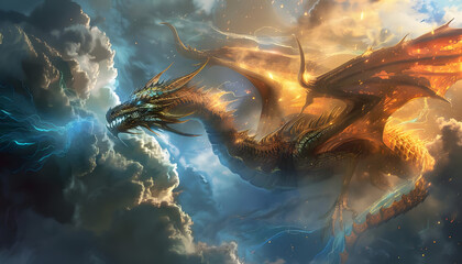 Icon of a mythical dragon with shimmering scales and piercing eyes soaring through a stormy sky ar Generative AI