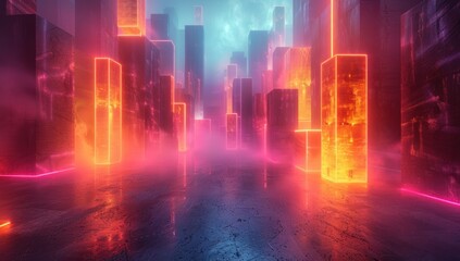Fototapeta premium Neon Cityscape with Glowing Pillars