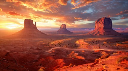 Naklejka premium monument valley usa colorful sunrise or sunset with dramatic clouds desert landscape of navajo nation park in utah and arizona a famous travel destination for it s red rock formations