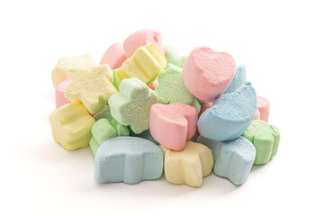 ColorfulCrunchy Freeze Dried Marshmallows Shaped like Lucky Charms Isolated on a White Background