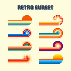 Horizontal vintage sunsets. Various colorful striped sunrise badges in 80s and 90s style. Sun and ocean view, summer vibes, surfing. Design element, print, logo or t-shirt. Vector illustration