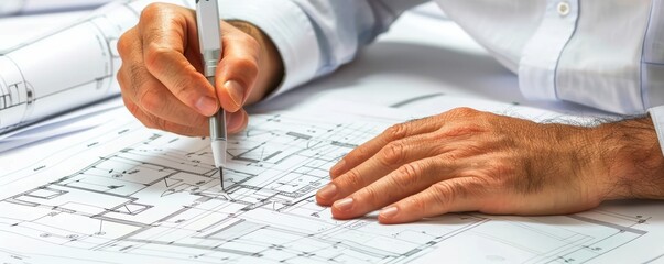 Naklejka premium A man is drawing a building on a piece of paper with a pen. Free copy space.