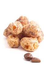 Crunchy Freeze Dried Milk Chocolate Covered Caramel Disks Isolated on White Background