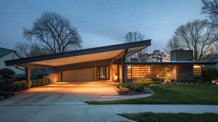 Obraz premium mid-century modern suburban home with a custom-designed, angular carport that complements the home's iconic aesthetic