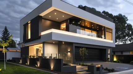 suburban contemporary home with a modern black and white facade and hidden lighting that illuminates the structure at night